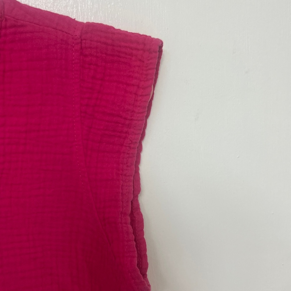 Three Dots, Fuchsia V-Neck Short Sleeve Top, Double Gauze, 100% Cotton, Small - Picture 6 of 9